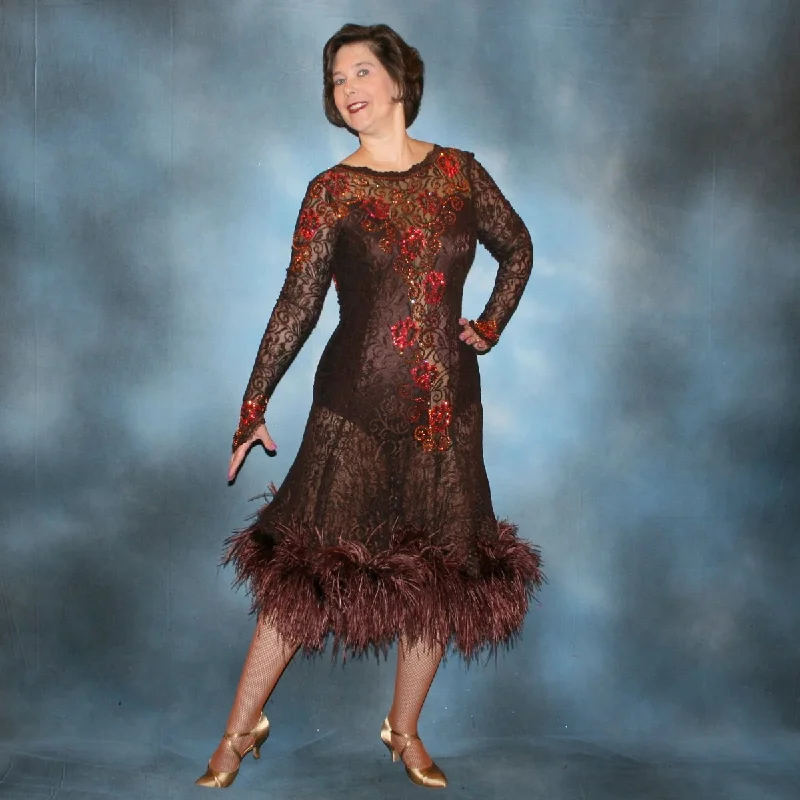 Brown Lace Latin-Rhythm Dress with Deep Pink & Copper Detailed Swarovski Rhinestone Work & Ostrich Feathers-Chocolate Indulgence Lace Dress Design