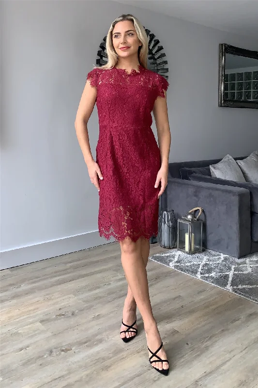 Sleeveless Lace Overlay Dress In Burgundy Lace Dress with Belt