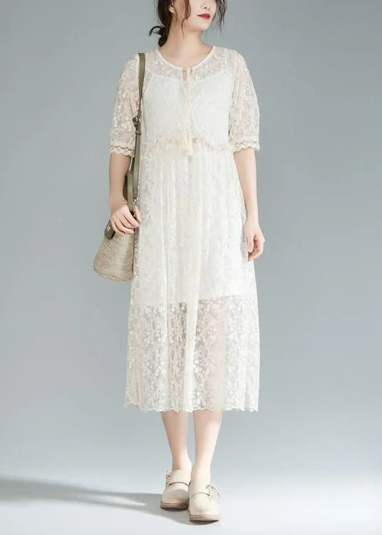 fine long cotton dress oversize lace Lacing Two Pieces Set 12 Sleeve Pleated Dress Lace Evening Gown