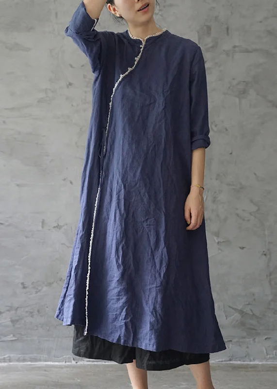 Retro Tibetan blue Lace Patchwork Linen Dresses Long Sleeve Off-the-shoulder Lace