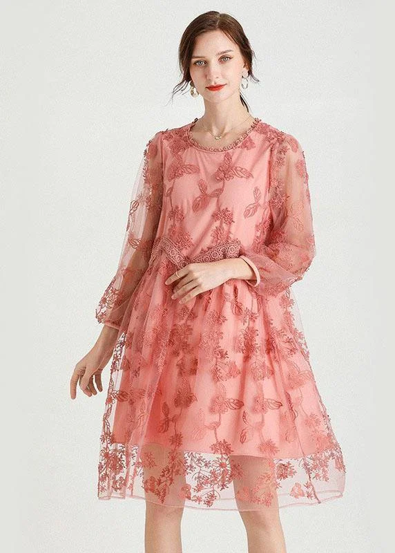 Style Pink Patchwork Embroideried Fall Lace Vacation Dress Long Sleeve Flowy Lace Dress