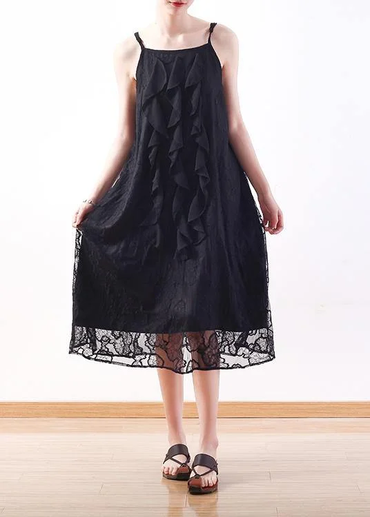 Elegant black Lace Tunics Fine design sleeveless Art summer Dresses Full Lace Dress