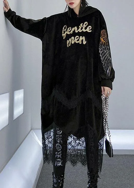 Women patchwork lace alphabet pattern Catwalk black hooded Maxi Dress Satin Lace Dress