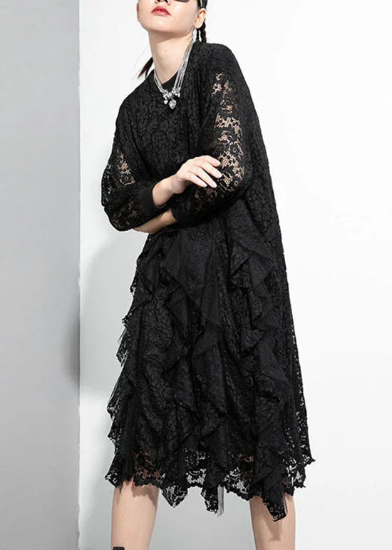 Modern Black Asymmetrical Patchwork Lace Maxi Dresses Spring Elegant Lace Design