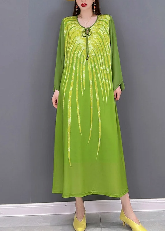 Green Chiffon vacation Dress Appliques Lace Up Long Sleeve Lace Dress Flare