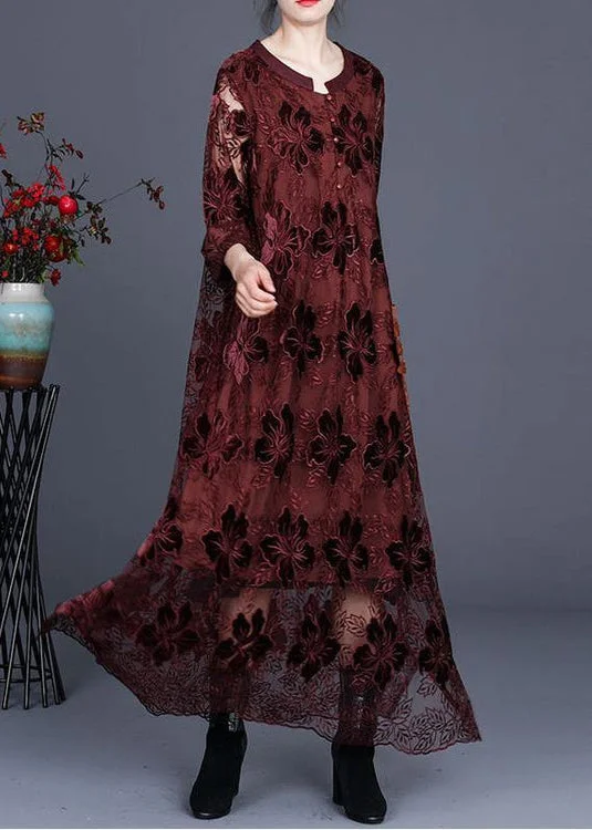 Loose Chocolate Long Lace Dress O Neck Maxi Dress Lace Dress Glow