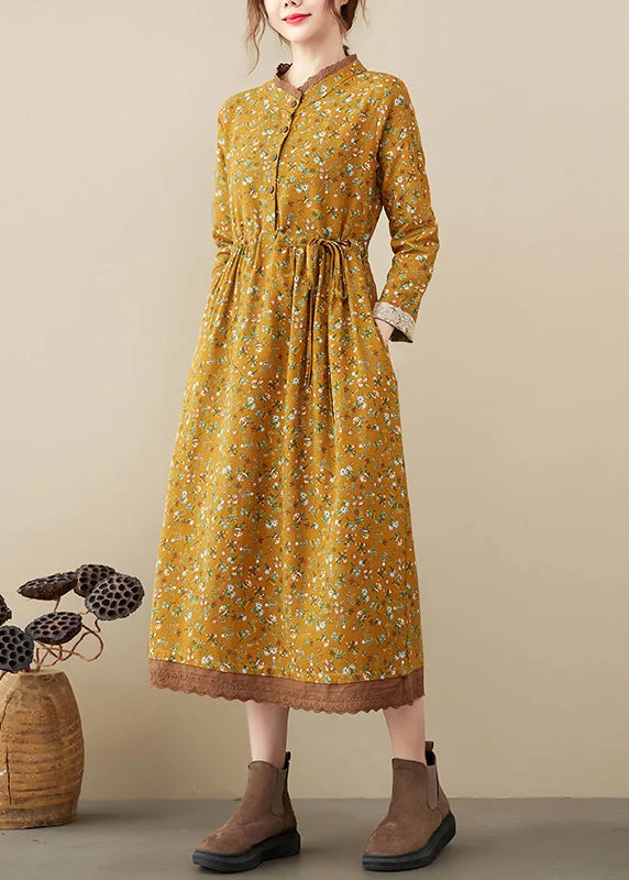 Art Yellow Stand Collar tie waist Print Lace Patchwork Dresses Long Sleeve Lace Gown Style