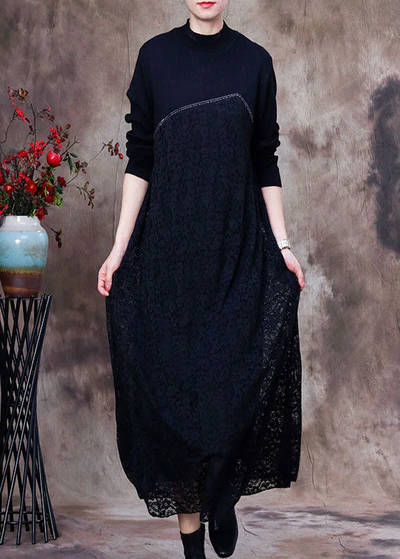 Modern Black Lace Patchwork Knit Long Dress Spring Lace Dress Dreamy