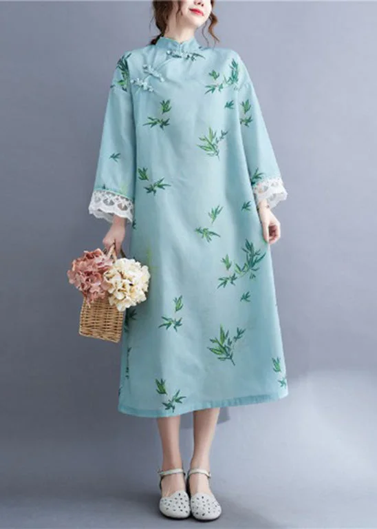 Fitted Light Green Mandarin Collar Print Lace Patchwork Cheongsam Dresses Long Sleeve Lace Dress Trendy