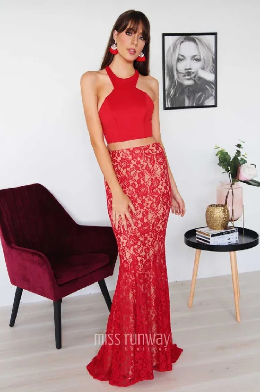 Tyra Two Piece Lace Gown - Red Long Sleeve Lace Dress