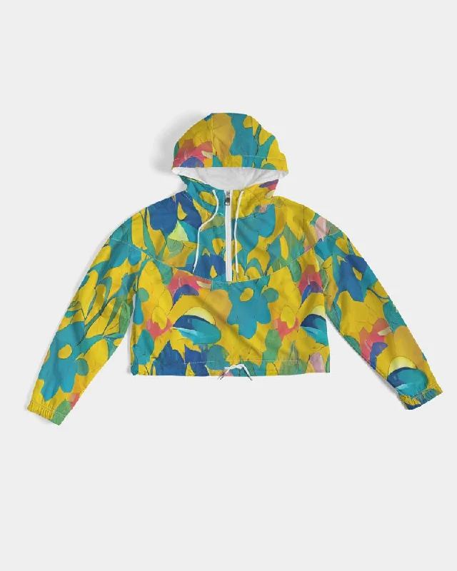 Beautiful yellow and blue hint of red pattern Women's Cropped Windbreaker Women's best value jackets