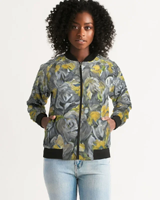 Orange and yellow and grey abstract design of Roses Women's Bomber Jacket Women's denim jackets