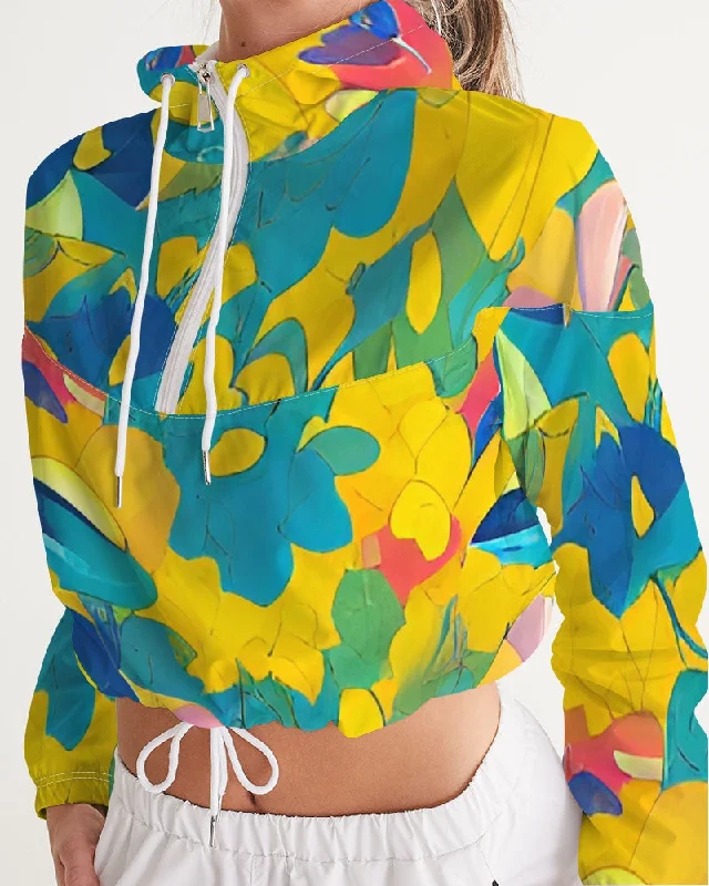 Beautiful yellow and blue hint of red pattern Women's Cropped Windbreaker Women's date night jackets