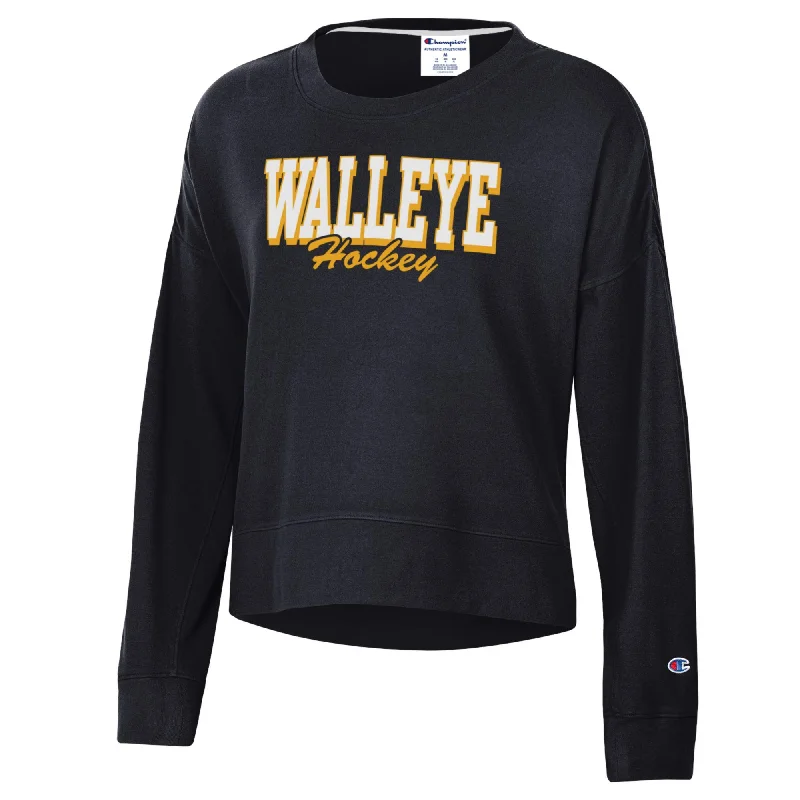 Toledo Walleye Ladies Black Sueded Touch Crew Sporty Hoodie Sweatshirt