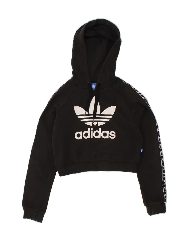 ADIDAS Womens Graphic Crop Hoodie Jumper UK 6 XS Black Cotton Zara sweaters