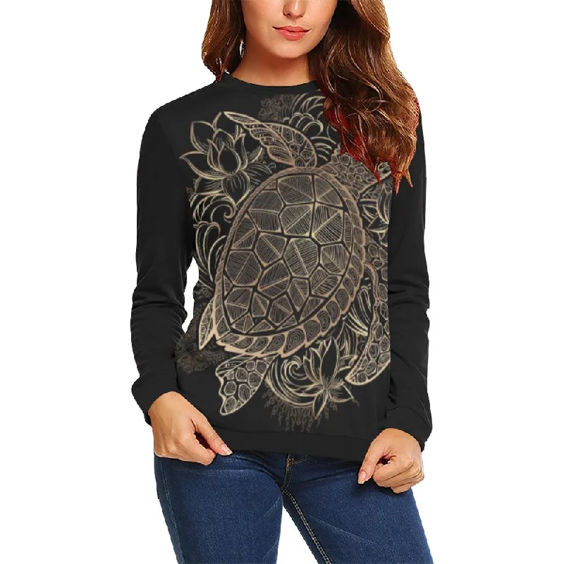 Black Turtle Hawaiian Pattern Print Women Crewneck Sweatshirt Best sweaters for travel