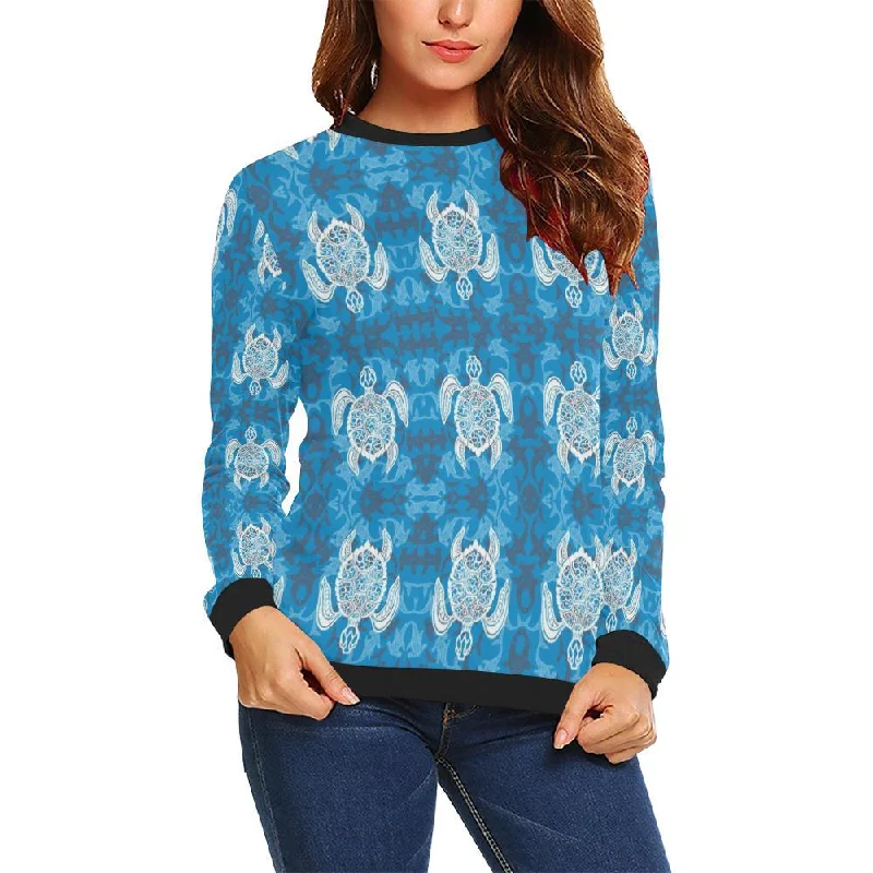 Blue Hawaiian Shark Sea Turtle Pattern Print Women Crewneck Sweatshirt Holiday sweaters