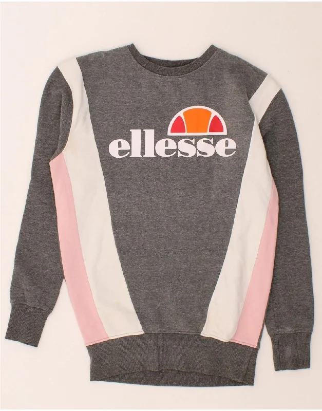 ELLESSE Womens Graphic Sweatshirt Jumper UK 6 XS Grey Colourblock V-neck sweaters