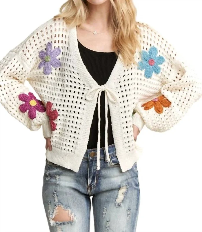 Floral Cardigan In Ivory Women's sweaters