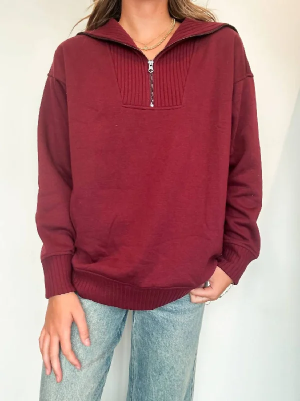 French Terry Quarter Zip Pullover In Crimson Best sweaters for hiking