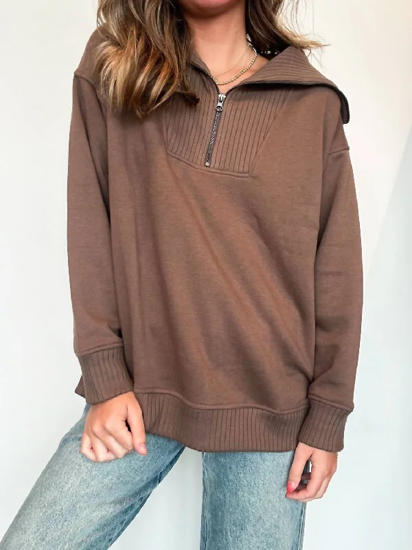 French Terry Quarter Zip Pullover In Mocha Thermal sweaters