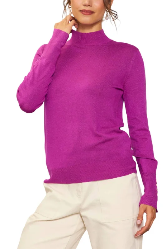 Mock Neck With Gold Button Sleeve Sweater In Magenta Vintage sweaters