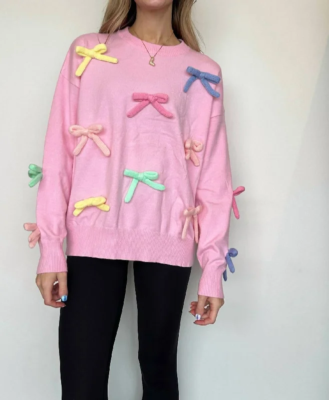 Multicolored Bow Detail Sweater In Light Pink Streetwear sweaters