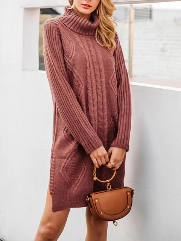 Pure Color Fashion High Neck Split Knit Sweater Dress Edgy sweaters