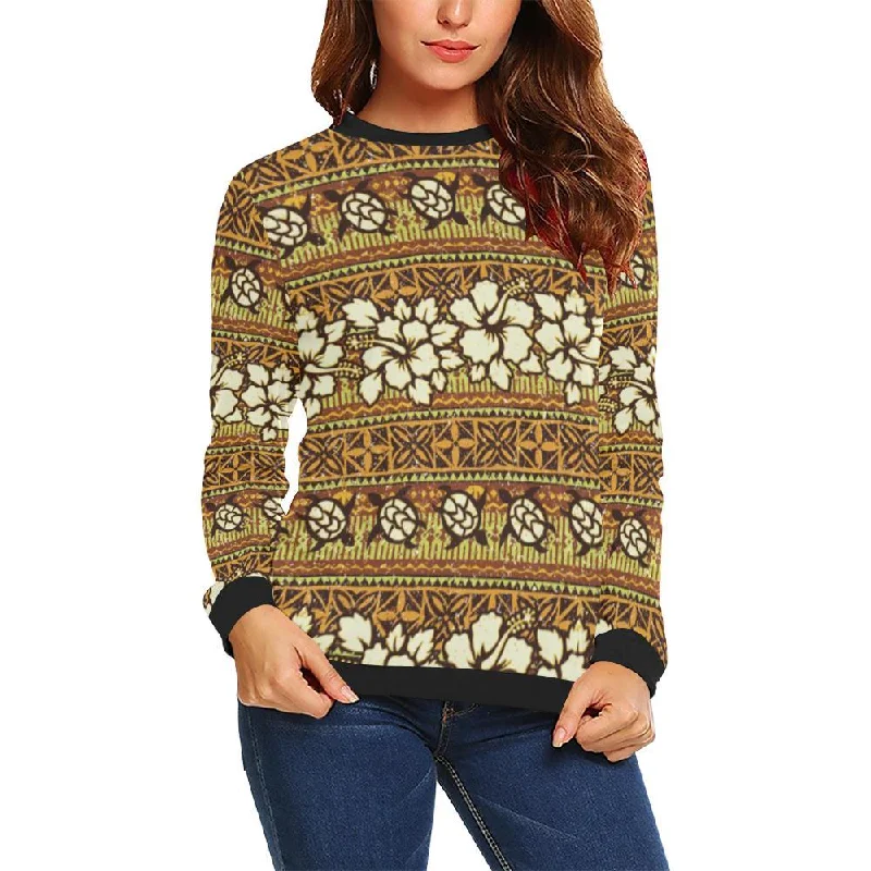 Sea Turtle Aztec Hibiscus Hawaiian Pattern Print Women Crewneck Sweatshirt Water-resistant sweaters