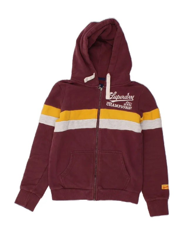 SUPERDRY Womens Graphic Zip Hoodie Sweater UK 8 Small Maroon Colourblock Anti-pilling sweaters