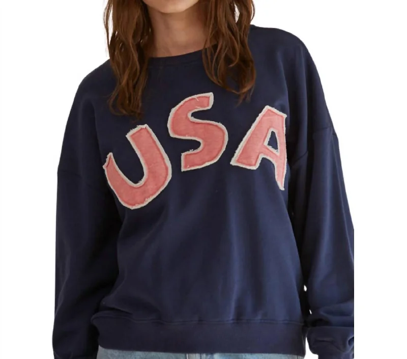 Usa Patch Pullover Top In Navy Wrinkle-resistant sweaters