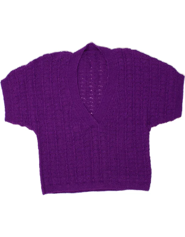 VINTAGE Womens Crop Short Sleeve V-Neck Jumper Sweater UK 12 Medium Purple Must-have sweaters for this season