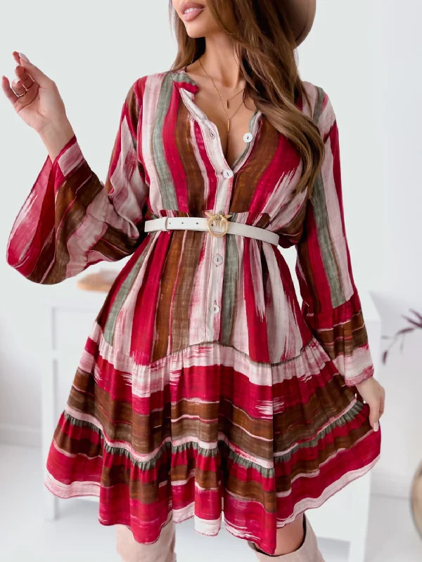 Buttoned Striped Long Sleeve Mini Dress Silk mini dresses