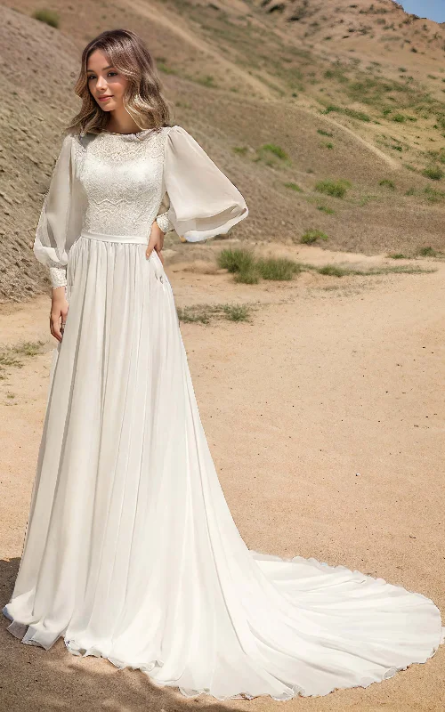 Modest Boho Beach Forest A-Line Lace Wedding Dress with Sleeves Floral Minimalist Boat Neck Chiffon Bridal Gown Modern Wedding Gown