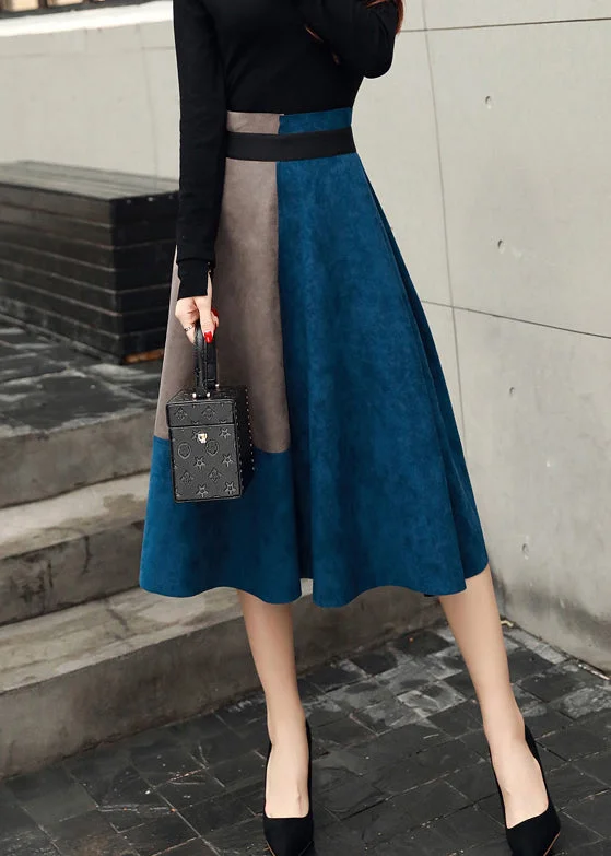 Women Blue zippered High Waist Patchwork Faux Suede Skirts Fall Satin unclassified skirts