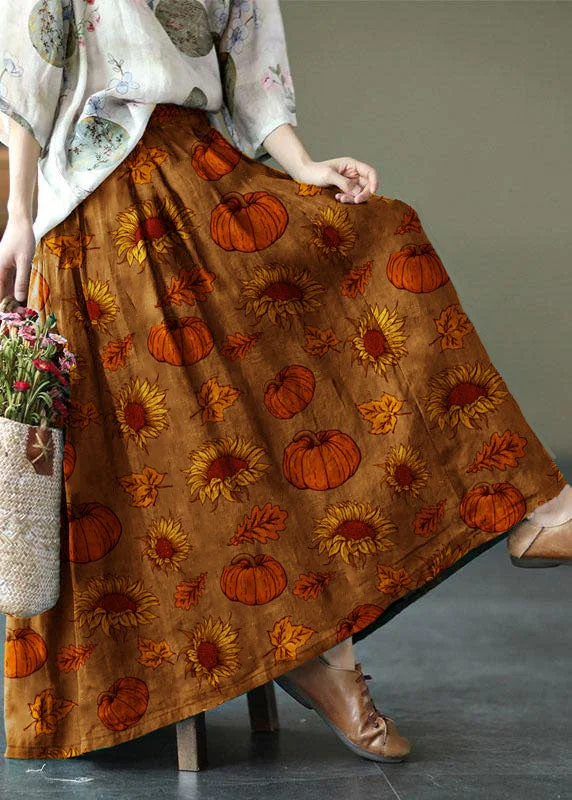 Women brown-Pumpkin Print Ramie Elastic Waist Skirt Stretchy unclassified skirts