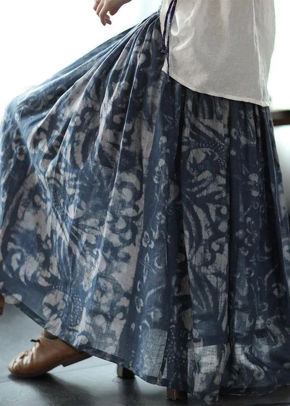 Women Navy Print Ramie Elastic Waist Skirt Holiday unclassified skirts