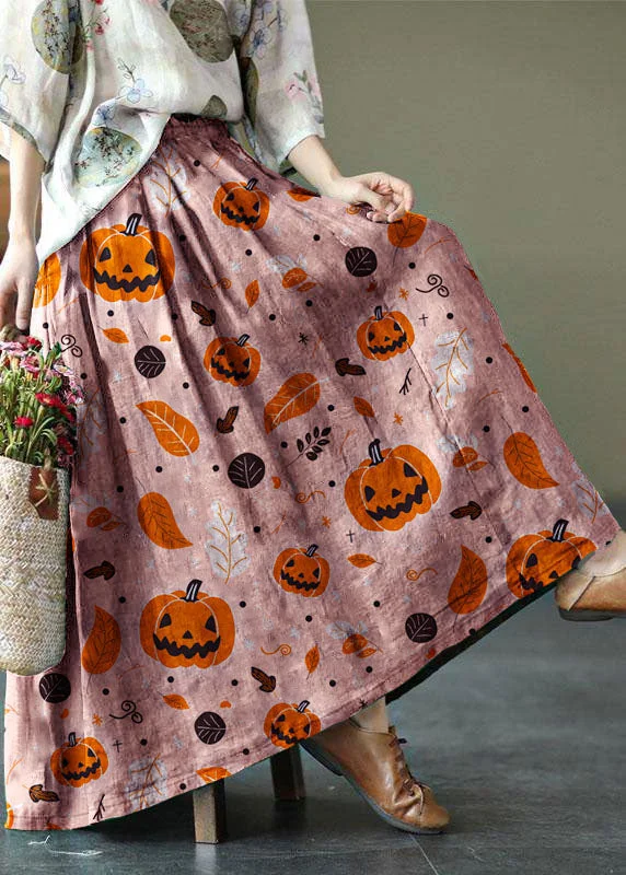 Women Pink-Pumpkin Print Ramie Elastic Waist Skirt Monochrome unclassified skirts