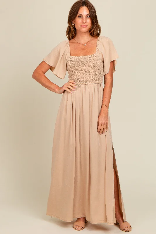 Beige Chambray Smocked Maxi Dress ASOS maxi dresses