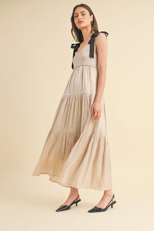 Beige Tiered Satin Tie-Strap Maxi Dress Best value maxi dresses