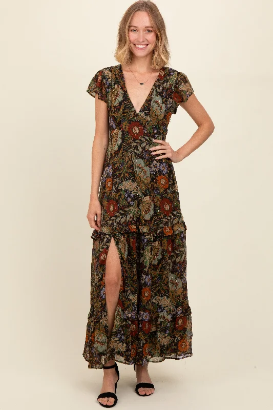 Black Floral Deep V-Neck Tiered Maxi Dress Best maxi dresses for casual wear