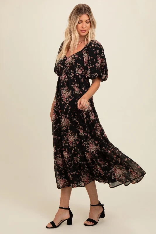 Black Floral Tiered Puff Sleeve Maxi Dress H&M maxi dresses