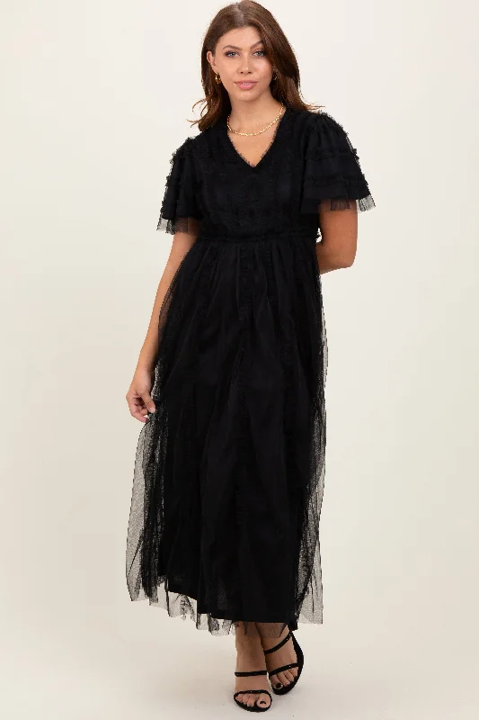 Black Ruffle Accent Mesh Overlay Maxi Dress Spring maxi dresses