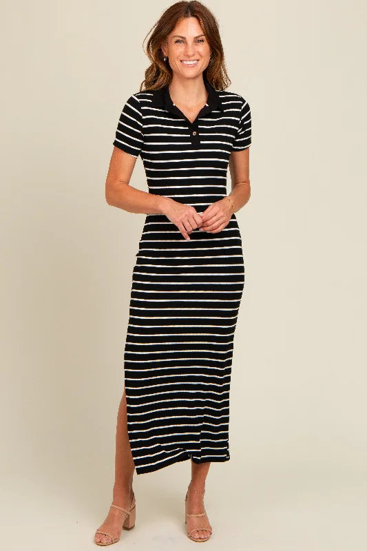 Black Striped Collared Side Slit Maxi Dress Elegant maxi dresses