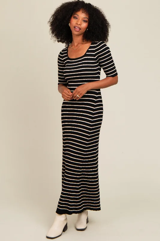 Black Striped Ribbed Short Sleeve Maxi Dress Strapless maxi dresses