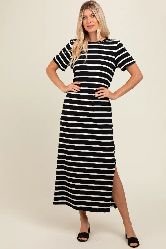 Black Striped Side Slit Maxi Dress Silk maxi dresses