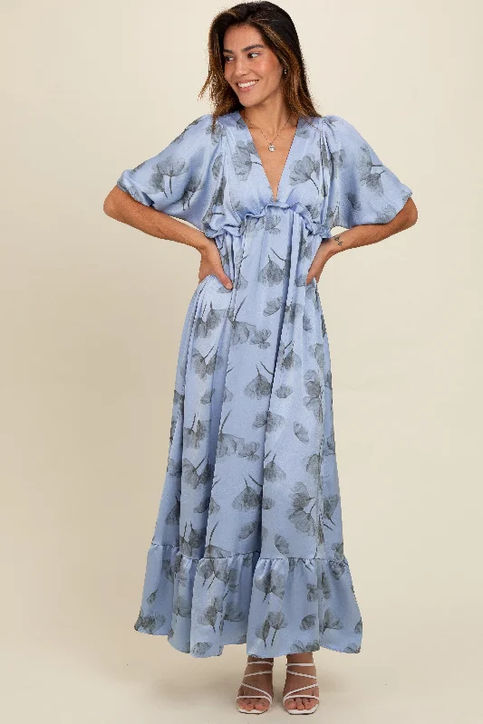 Blue Floral Chiffon Ruffle Accent Maxi Dress Sequin maxi dresses