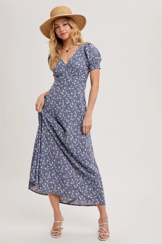 Blue Floral Puff Sleeve V Neck Maxi Dress Graduation maxi dresses