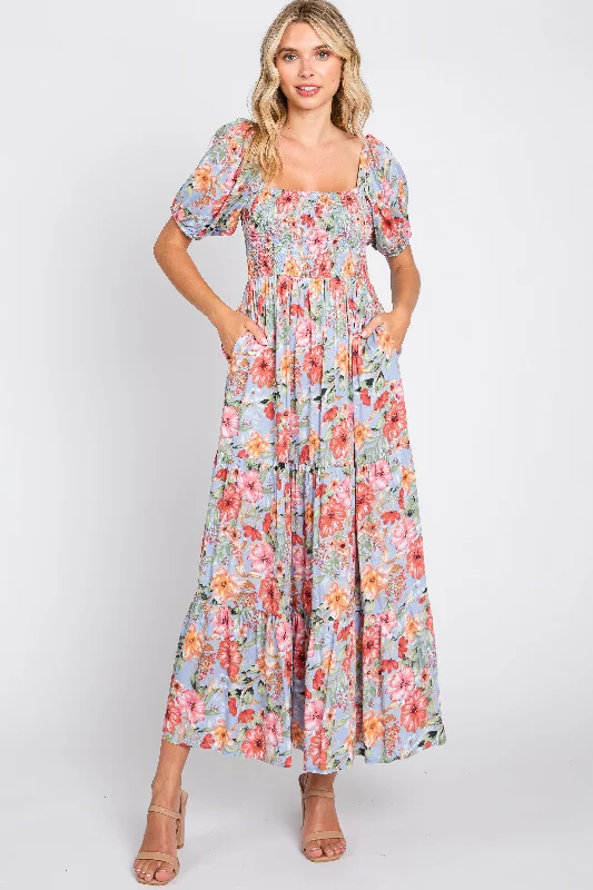 Blue Floral Smocked Square Neck Tiered Maxi Dress Boho maxi dresses