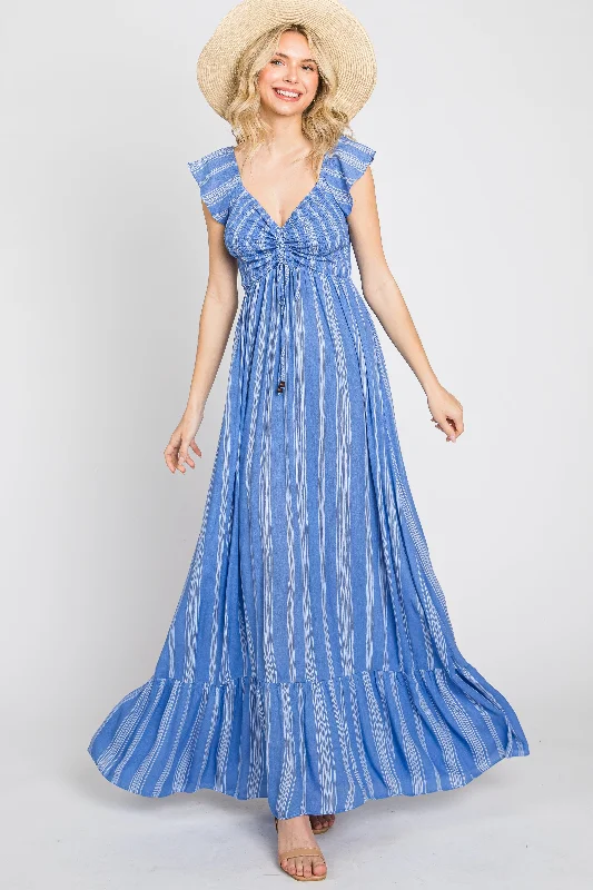 Blue Striped Off Shoulder Front Tie Maxi Dress Glamorous maxi dresses